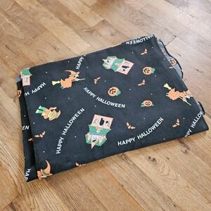 Vtg 90s Black Halloween Fabric Tablecloth Witch Pumpkin Haunted House Bats